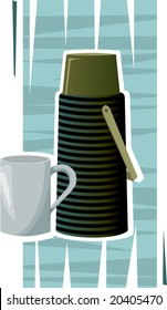thermos flask and cup in green background	