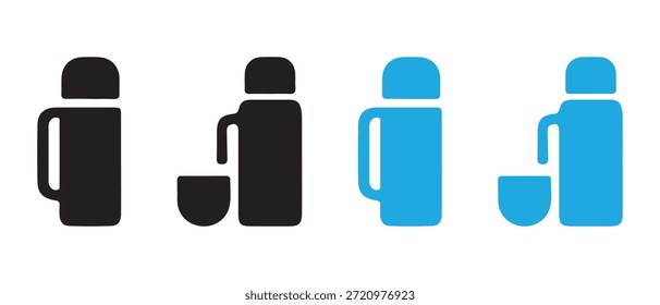 Conjunto de iconos de frasco de termo. Negro Azul, Contenedor De Bebidas Con Taza.