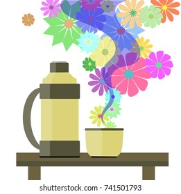 Thermos and flavored steam. Vector illustration.