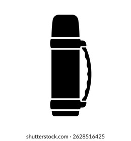 Thermos with handle icon. Black silhouette. Vertical front side view. Vector simple flat graphic illustration. Isolated object on white background. Isolate.