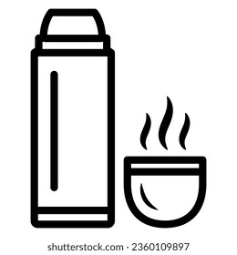 Thermos and hot tea in mug line icon, World snowboard day concept, Vacuum Flask sign on white background, Thermos Bottle and cup with hot drink icon in outline style. Vector graphics