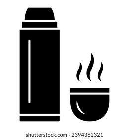 Thermos and hot tea in mug solid icon, World snowboard day concept, Vacuum Flask sign on white background, Thermos Bottle and cup with hot drink icon in glyph style. Vector graphics
