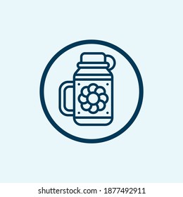 Thermos and hot tea in mug, thin line icon, World snowboard day concept, Vacuum Flask sign on white background, Thermos Bottle and cup with hot drink icon in outline style. Vector graphics.