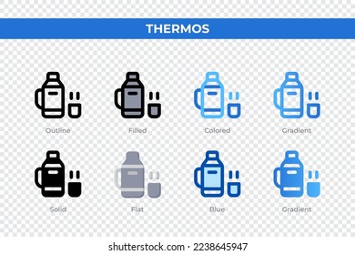 Iconos termos de estilo diferente. Iconos termos establecidos. Símbolo de vacaciones. Conjunto de iconos de estilo diferente. Ilustración del vector