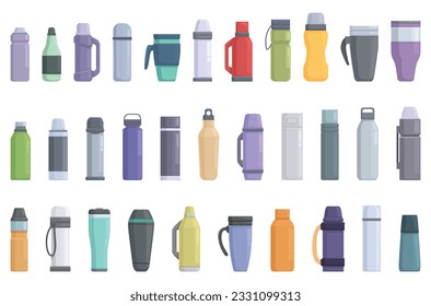 Thermos icons set cartoon vector. Water steel. Bottle vacuum