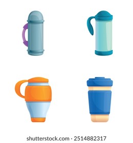 Thermos icons set cartoon vector. Various colorful thermos. Vacuum flask for hot beverage