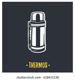Thermos illustration. Vector logotype isolated on black background.