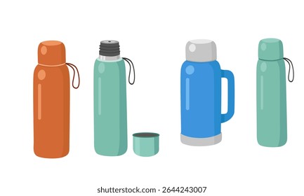 Thermos or Insulated bottle vector set with close and open cap. Thermal bottle clipart set. Vacuum flask, thermal flask. Flat vector in cartoon style isolated on white background.