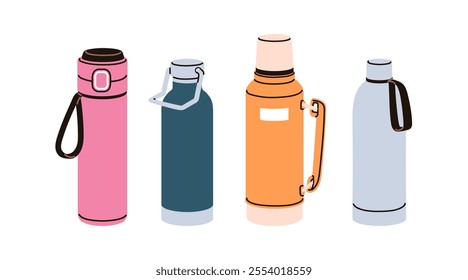 Thermos, insulated vacuum bottles with caps. Portable thermal thermic flasks for hot drink. Travel and hiking drinkware, thermo container. Flat vector illustration isolated on white background