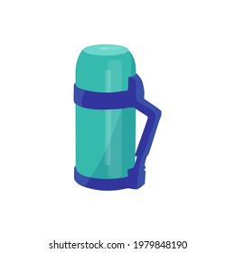 Thermos with lid and handle vector flat illustration. Durable and reusable beverage bottle. Vector cartoon illustration.