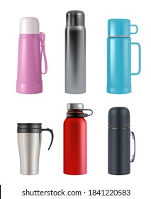 Thermos mockup. Realistic cup round containers vacuum flask for liquid products vector 3d set