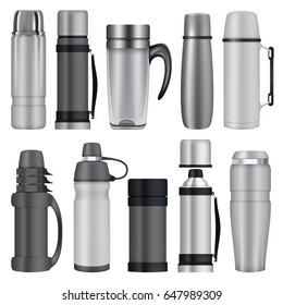 Thermos mockup set. Realistic illustration of 10 thermos mockups for web