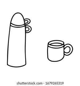 Thermoskannen und Maulkorb. Schwarz-Weiß-Vektorillustration-Illustration. Das Element ist handgezeichnet und einzeln auf weißem Hintergrund. Camping-Ausrüstung, Wärmespeicher. Picnic-Geschirr.