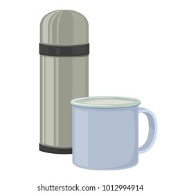 Thermos and mug for camping tourism, cartoon illustration of travel equipment. Vector