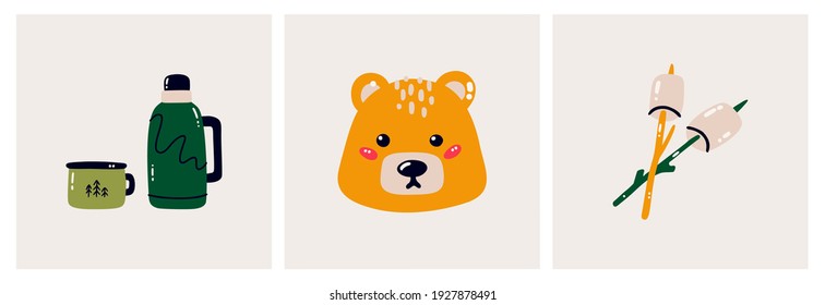 A thermos with a mug, a cute bear face, and a marshmallow on a stick. Hiking in the forest. cartoon style. Ready-made postcards for children. Flat vector illustration isolated on a white background