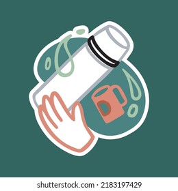 Thermos and mug, hand. Composition or sticker. Hiking, camping, tourism, travel, lifestyle, outdoor recreation. Illustration in vector doodle cartoon style.