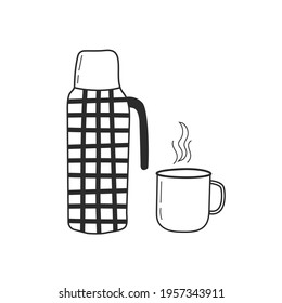 Thermos with a mug. Hand drawing style, doodle. The concept of a hike, travel, tourism. Vector illustration.