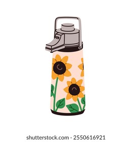 Thermos, retro style thermo bottle. Insulated vacuum container with flower pattern. Hot beverage, drink in travel thermal flask with lid. Colored flat vector illustration isolated on white background