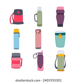 thermos set cartoon. drink flask, steel cap, metal tumbler thermos sign. isolated symbol vector illustration