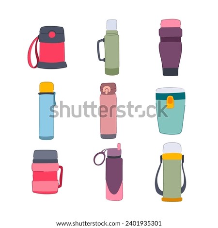 thermos set cartoon. drink flask, steel cap, metal tumbler thermos sign. isolated symbol vector illustration