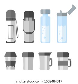 Thermos. Stainless steel travel mug and tumbler. Thermos Water Bottle. Hydration Bottles. Sport and water bottle. Drink flask. Set of thermoses. Vector illustration