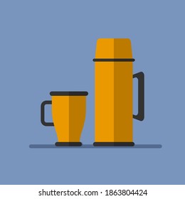 Thermos and Thermo cup in flat style isolated on blue background. Vector illustration