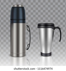 Thermos thermo cup travel mug mockup set. Vector realistic illustration isolated on transparent background.