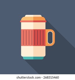 Thermos Travel Mug Flat Square Icon With Long Shadows.