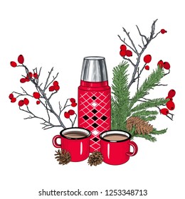 
Thermos, two hiking mugs with hot cocoa, pine cones, fir branch and hawthorn twigs with berries.  Picnic in the winter forest. Vector vintage illustration. Color sketch.