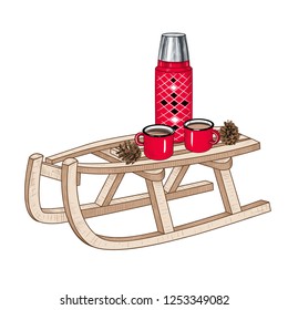 
Thermos , two hiking mugs with hot cocoa and pine cones on a sled . Winter picnic. Vector vintage illustration. Color sketch.