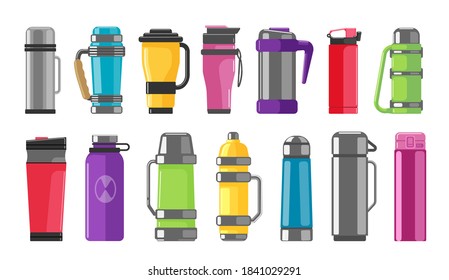 Thermos vacuum flask or bottle, metal bottled container or aluminum reusable thermo mug sample set. Portable utensil for hot drink, coffee or tea vector illustration isolated on white background