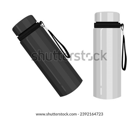 Thermos vector. Metal water thermo flask. Stainless steel travel thermos for hot tea. Thermoses in two colors black and white. Thermos in cartoon style isolated. Vector illustration