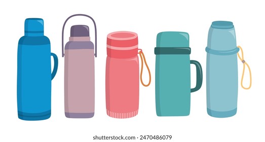  Thermos vector set cute cartoon style.