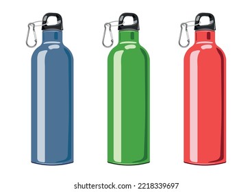 Thermos vector set. Reusable water bottle, blue, green and red metallic thermoses. Reduce plastic waste healthy alternative. Illustratoin in a flat style isolated on white background