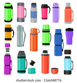 Thermos vector vacuum flask or bottle with hot drink coffee or tea illustration set of metal bottled container or aluminum mug isolated on white background