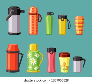 Thermoses and thermo mugs set. Red plastic stainless steel containers for hot drinks green daisy design for coffee tea to go stylish yellow cups with screw caps. Cartoon thermal vector.