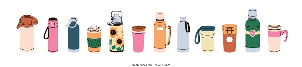 Thermoses, vacuum thermo mugs, tumblers set. Thermal cups, insulated bottles, travel camping and hiking flasks for hot drinks, beverages. Flat vector illustration isolated on white background