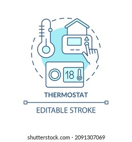 Thermostat blaues Konzeptsymbol. Intelligente Haushalte. Tägliche Automatisierung abstrakte Idee dünne Linie Illustration. Einzeln Umrisszeichnung. Bearbeitbarer Strich. Verwendung von Roboter-Medium, Myriad Pro-Fett-Schriftarten