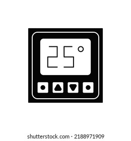 Controlador de termostato, icono del controlador de temperatura digital en glifo plano negro, estilo relleno aislado en fondo blanco