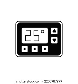 Controlador de termostato, icono del controlador de temperatura digital en glifo plano negro, estilo relleno aislado en fondo blanco