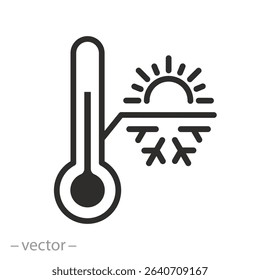 thermostat icon, hot and cold temperature, thermometer with sun and snowflake, thin line symbol on white background, vector illustration
