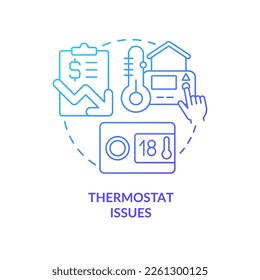 El termostato emite un icono de concepto de gradiente azul. Errores en el sistema de calefacción. Los proyectos de ley para el calentamiento de la vivienda dan una idea abstracta de la delgada línea de la idea. Dibujo de contorno aislado. Se usa una fuente Myriad Pro-Bold