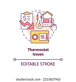 Icono de concepto de emisiones de termostato. Errores en el sistema de calefacción. Reducir los costos de la factura de combustible, ilustración de la línea delgada de la idea abstracta. Dibujo de contorno aislado. Trazo editable. Fuentes Arial, Myriad Pro-Bold utilizadas