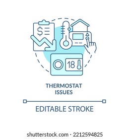 Thermostat issues turquoise concept icon. Heating system problem. Reduce bill costs abstract idea thin line illustration. Isolated outline drawing. Editable stroke. Arial, Myriad Pro-Bold fonts used