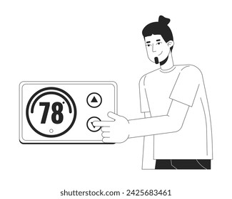 Thermostat reduce black and white cartoon flat illustration. Saving energy at home 2D lineart character isolated. Lower electricity usage. Heating control switch monochrome scene vector outline image