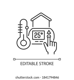 Thermostat setting linear icon. Water heater. Air conditioner. Temperature maintenance. Thin line customizable illustration. Contour symbol. Vector isolated outline drawing. Editable stroke