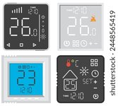 Thermostat and temperature controller and sensor vector cartoon set isolated on a white background.