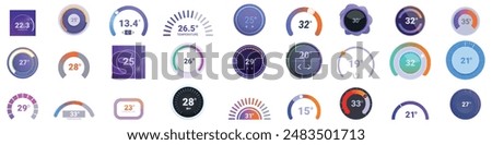 Thermostat ui icons set. Set of round temperature control panels showing different degrees celsius for web design