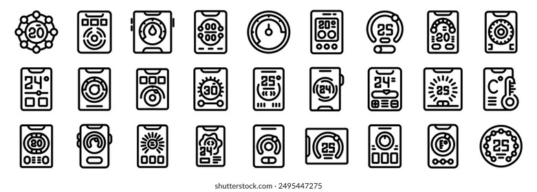 Thermostat ui icons set. Tattoo power supply control panel showing voltage, time and other options icon set for apps and websites