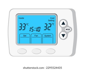 Thermostat vector. Controller with screen for floor, house heating, fan. Electronic thermostat controls and regulates temperaturein appartment remotely.  Climate control button icon illustration.